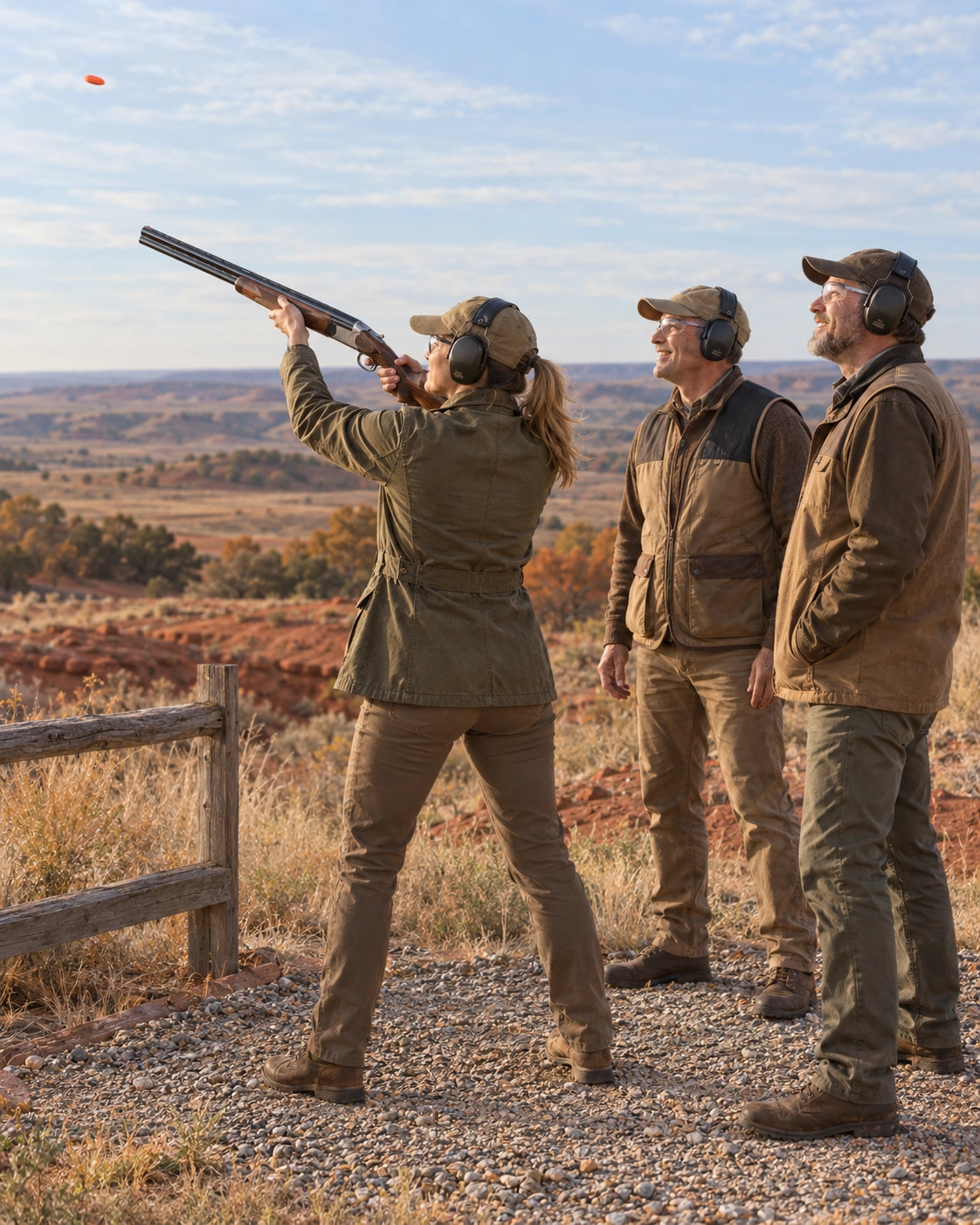 A woman shooting sporting clays while two male friends watch and encourage her on a prairie course.
