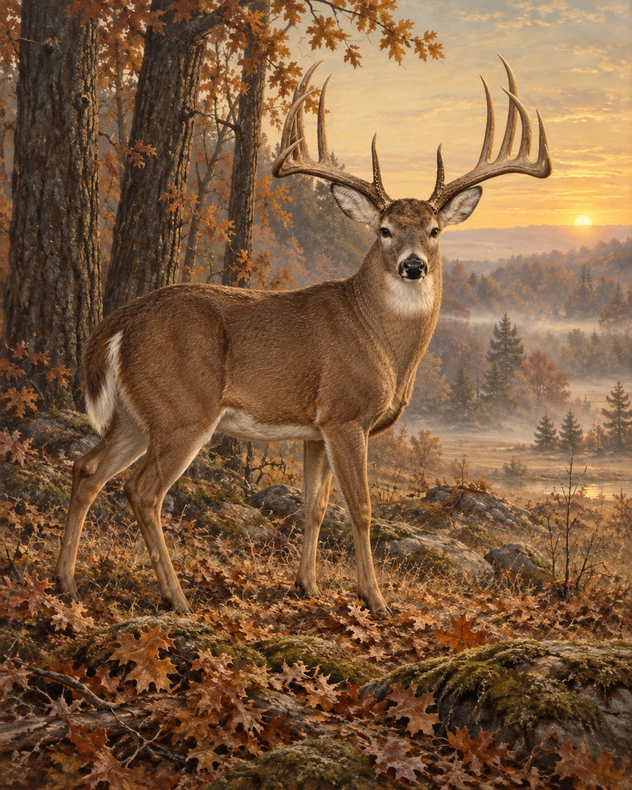 Vintage wildlife illustration of a living whitetail with an enormous rack modeled on the Milo Hanson buck, standing in autumn woods.