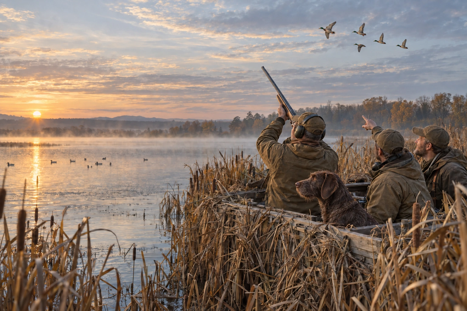 Three men hunting ducks together from a cattail blind beside a lake, with a chocolate male Deutsch-Drahthaar with a short beard at first light.
