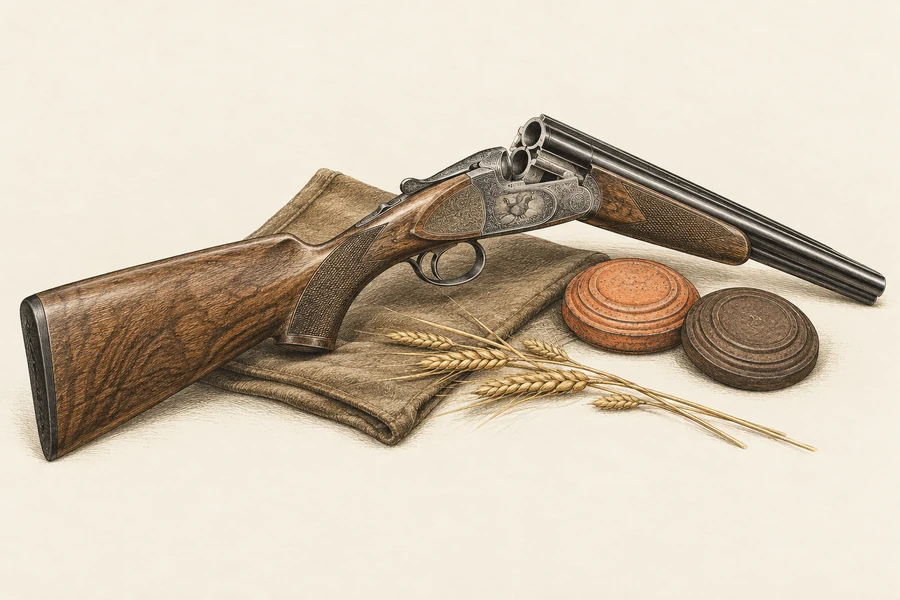 Illustrated sporting shotgun, clay targets, and a field coat.
