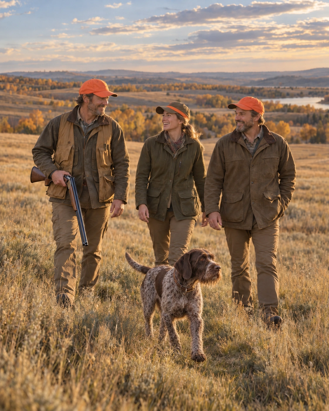 Two men and a woman sharing an upland hunt with a large, full-bearded liver-and-roan male Deutsch-Drahthaar in golden prairie grass.